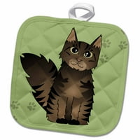 3Droza Slatka maine Coon Cartoon Cat - smeđa tabby - zelena sa pawprint - držač za lonac, prema