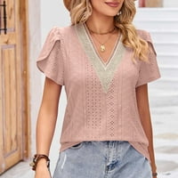 Bluze za žene modna čipka ukrašena majica V-izrez kratki rukav čvrsta boja modna modna ružičasta s