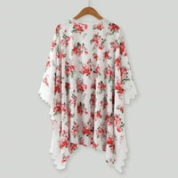 Crvene majice za ženski cvjetni print puff rukava kimono kardigan labav pokrov povremene bluze