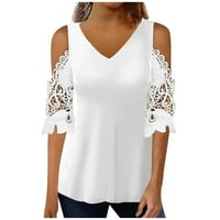 Majice za žene kratki rukav V-izrez labav majica cvjetni print bijeli l