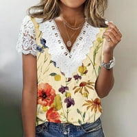 Žene Trendi čipke kratkih rukava cvjetni print V rect majica patchwork labav fit casual ljetne tee mashirts