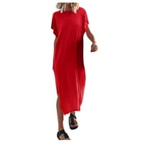 Ženske haljine s kratkim rukavima, puna ležerna srednja dužina a-line okrugla dekoltetna haljina crvena