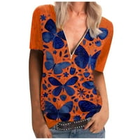Ženski modni leptir print patent zatvarač dubokih V-izrez labav majica kratkih rukava narandžasta xxl