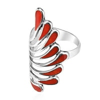 Brilliant Peacock perje sa sintetičkim crvenim koraljnim ulaskom u srebrni prsten Sterling - 6