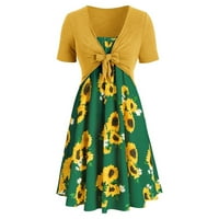 Vintage casual ženski kratki rukav luk luk čvor zavoj najbolji suncokret za ispis mini haljina odijelo