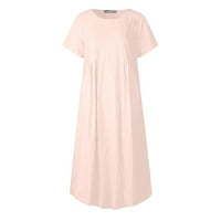 Žene plus veličina Ženska modna kanta s kratkim rukavima Pocket okruglog vrata Retro duga haljina ružičasta