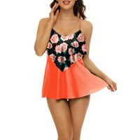 Zkozptok Ženski kupaći kostim dva kupa za kupaće cvjetne tankete s printupiranim tank sa kratkim rukavima bikini na plaži bez leđa, narančasta, s