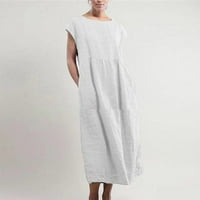 Haljine za žene, ljetni casual Solid Boja bez rukava O-izrez Kašika pamučna posteljina haljina, bijela,