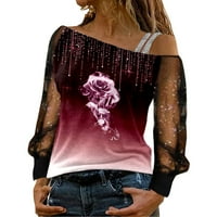 HUNPTA jedno rame T majice za žene modni ispis hladnog ramena majica mrežasti bluza s dugim rukavima