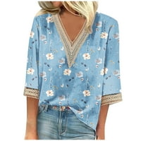 Bluze s rukavima za žene čipke obloge ispis V izrez Print Tops T-majice Tee, svijetlo plava 3xl