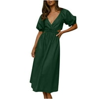 Ljetne haljine za žene kratki rukav košulje od pune boje V-izrez midi fit i flare Y2K moda elegantna