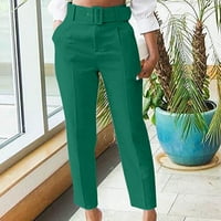 Amtdh Ženske trendy Skinny Clearence Solid Bool Business High Struk sa remenom Ravne duge hlače sa džepovima