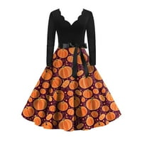 Ženska vintage klasična haljina dugih rukava Halloween Print V-izrez Swing haljina