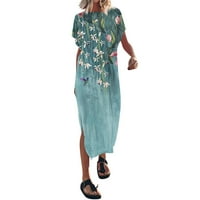 Ženska ljetna modna seksi Split ljetni kratki rukav tiskani maxi haljina na plaži Cyan XL