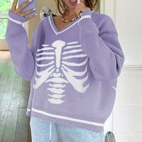 Ženski skelet s V-izrezom otisnuto labav dugi rukav pleteni džemper ljubičasti