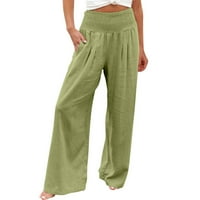 Ženske hlače sa širokim nogama pamučno i posteljina visoki struk rastegnuti ravni pantalone casual pantalone