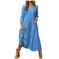 Ženska gumba čvrstog boja pamučna i posteljina retrovetna haljina s velikim rubom