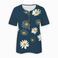 Pola zatvarača up bluze za žene V izrez kratkih rukava tiskane majice Ljeto Dressy casual vrhovi tamno plava l