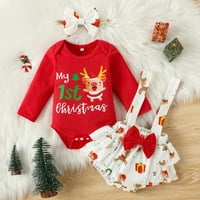 Djevojke toddlere Outfit s dugim rukavima Božićni crtani jelen Ispiši Romper Bodiysuit ruffles Suspenderi