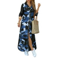 Howd modne žene s dugim rukavima Cvijeće Leopard Camo Print Split Hem Maxi haljina