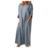 Atinetok haljine za žene Vintage Pamuk posteljina plus veličina gumba Up Maxi haljine sa džepom Solid-duljine