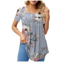 Ženski ljetni vrhovi bluza kratki rukav kvadratni vrat tropski cvjetni top, sivi xxxl