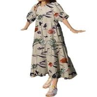 Capreze Women cvjetni print dugačak haljina pamučna posteljina polovina rukava maxi haljina ljetna casual