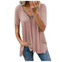 Ženske majice Trendy Solid Color V izrez sa zatvaračem kratkih rukava Naplaćene vrhove Bluze