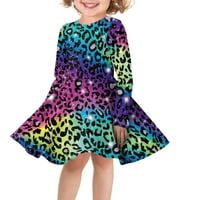 Binienty Colorful Leopard Haljine za djevojčice Povratak u školu Jesen Zimske haljine Prozračne haljine Prozračne haljine za vjenčanje gost visokog struka O-izrez One Twirly klizač haljina za 7-8y