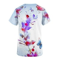 Yyeselk Women Radna uniforma T Majica Butterfly Print TOP V CRVENI SCRUBS Majica Casual Bluza Tee Radna