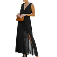 Ženska dužina bez rukava modna čvrsta maxi ljetna haljina s V-izrezom crna m