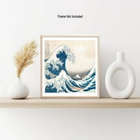 Ilustracija Poster - Retro nautički print - veliki val, ocean, čamci, plave vode, japanski - neumorant