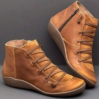 Čizme sa niskim petom, ženske ležerne ravne kožne retro čipke čizme bočnih patentnih patentnih zatvarača