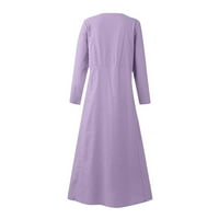 Ženske haljine čišćenje dugih rukava pune boje pamučna posteljina okrugla vrat džepna haljina ljetne