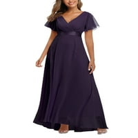 Ženske haljine - izrez Maxi haljine od pune boje šifon duga haljina dame ljuljačke zabave tamno ljubičasta