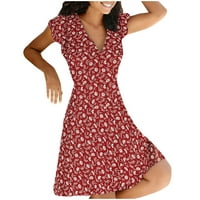 Ljetne haljine za žene Žene Ljeto V-izrez Cvetni cvijet Ispis kratkih rukava sa patentnim zatvaračem