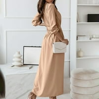 Ženska modna casual solidna boja V-izrez čipkasti elastični struk dugih rukava šifonska haljina