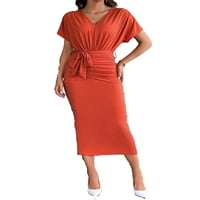 Ženska elegantna ravnica V izrez ugrađena kratki rukav izgoreli narančaste haljine XL