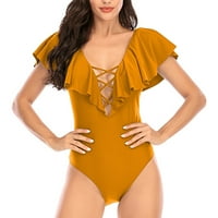 Cara Lady Women kupaći kostimi V-izrez križni kaiš Čvrsta boja rufflled jednodijelni kupaći kostim žuti