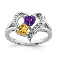 Sterling srebrni ljubičasti ametist žuti citrinski dijamantski prsten veličine 7. Ljubav dragog sitnog