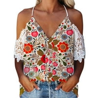 Sherts s ramena za žene izdubljene bluze za spajanje čipke Ljeto V izrez Loose Tee vrhovi