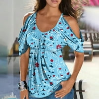Ženski ljetni topswomens ljetni ležerni tisak v izrez kratki rukav s ramena na vrhu majica bluza plava
