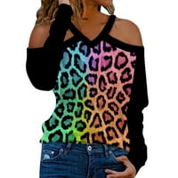 Hladno rame Leopard ispis bluza za žene za žene Modni V izrez Loop Fit Fall majice Dame Trendi T-majice