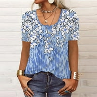 Ženski vrhovi okrugli dekolte, ženske bluze casual cvjetne ljetne majice kratkih rukava Blue XL