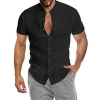 Marbhall Muški posteljina pamuk ovratnik kratki rukav gumb UP pulover majica bluza crna l