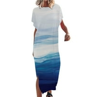 Voncos Womens Haljine - Modni casual duga haljina s kratkim rukavima od ispisana haljina na plaži Crew