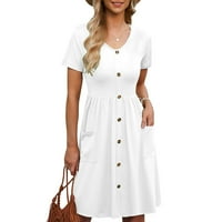 Haljine za žene Modni struk ženski kratki rukav V-izrez A-line ispisane odmora ljetna haljina bijela