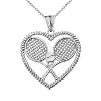 Teniski reketi u ogrlicu za privjesak za srce u srebru sterlinga: privjesak sa 18 lancem