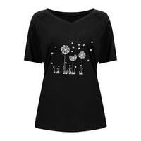 CETHRIO WOMENS T majice - modni kauzalni V-izrez tisak kratkih rukava ljetna bluza crna