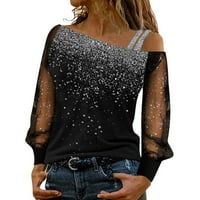 Sequin bluza SPLICE Print Cold Tops rukav labav mrežica majica duga ramena casual žena ženska bluza